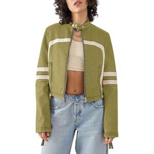 Women Green Faux Leather Zip Up Cropped Jacket Stand Collar Moto Coat